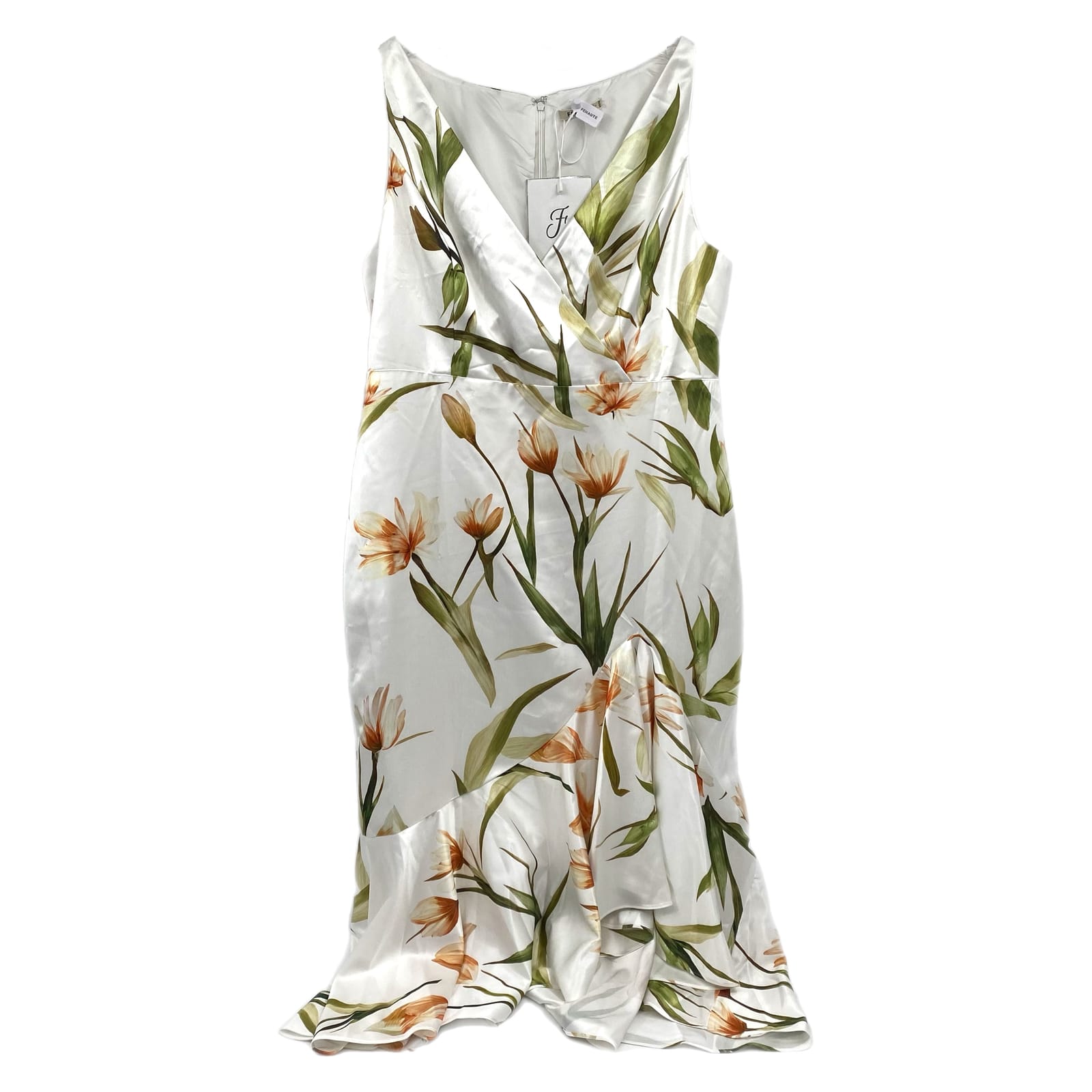 Fehaute White Orange Floral Satin Midi Dress