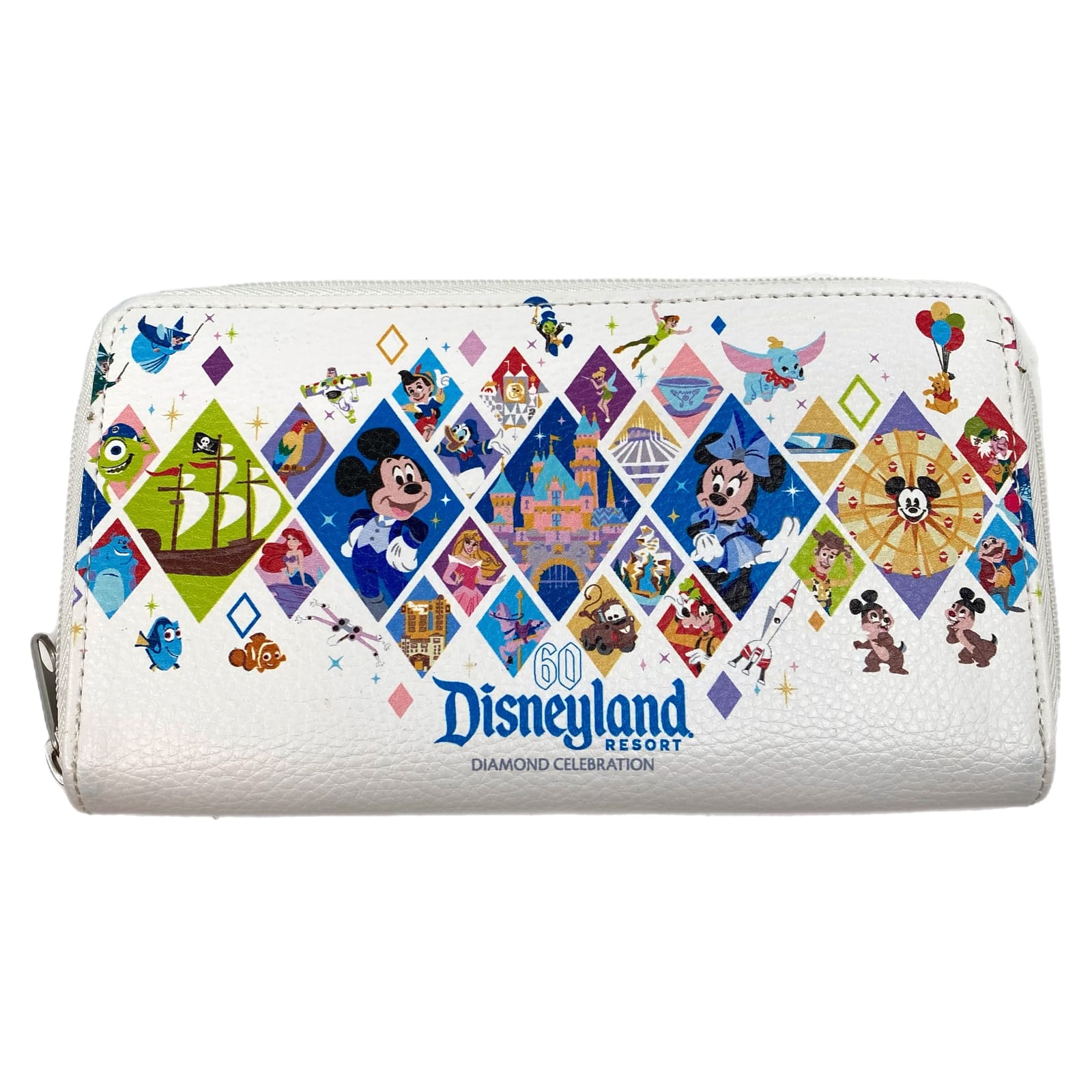 Disney White Blue Disneyland Diamond Celebration Zip-Around Wallet