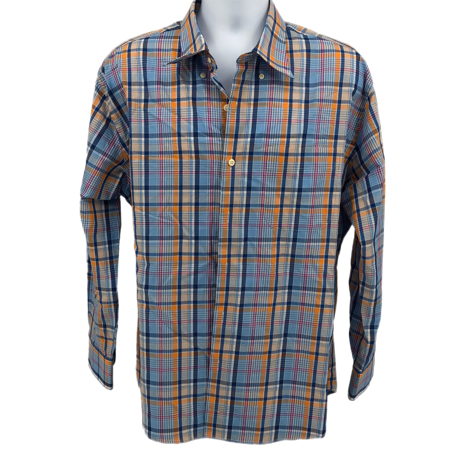 Peter Millar Blue & Orange Plaid Button-Up Dress Shirt