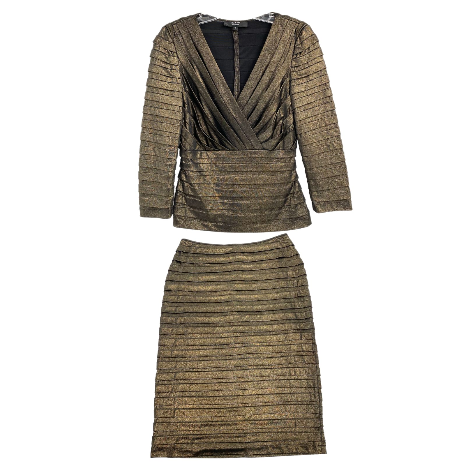 Tadashi Black Gold Pleated Metallic Skirt and Top Set