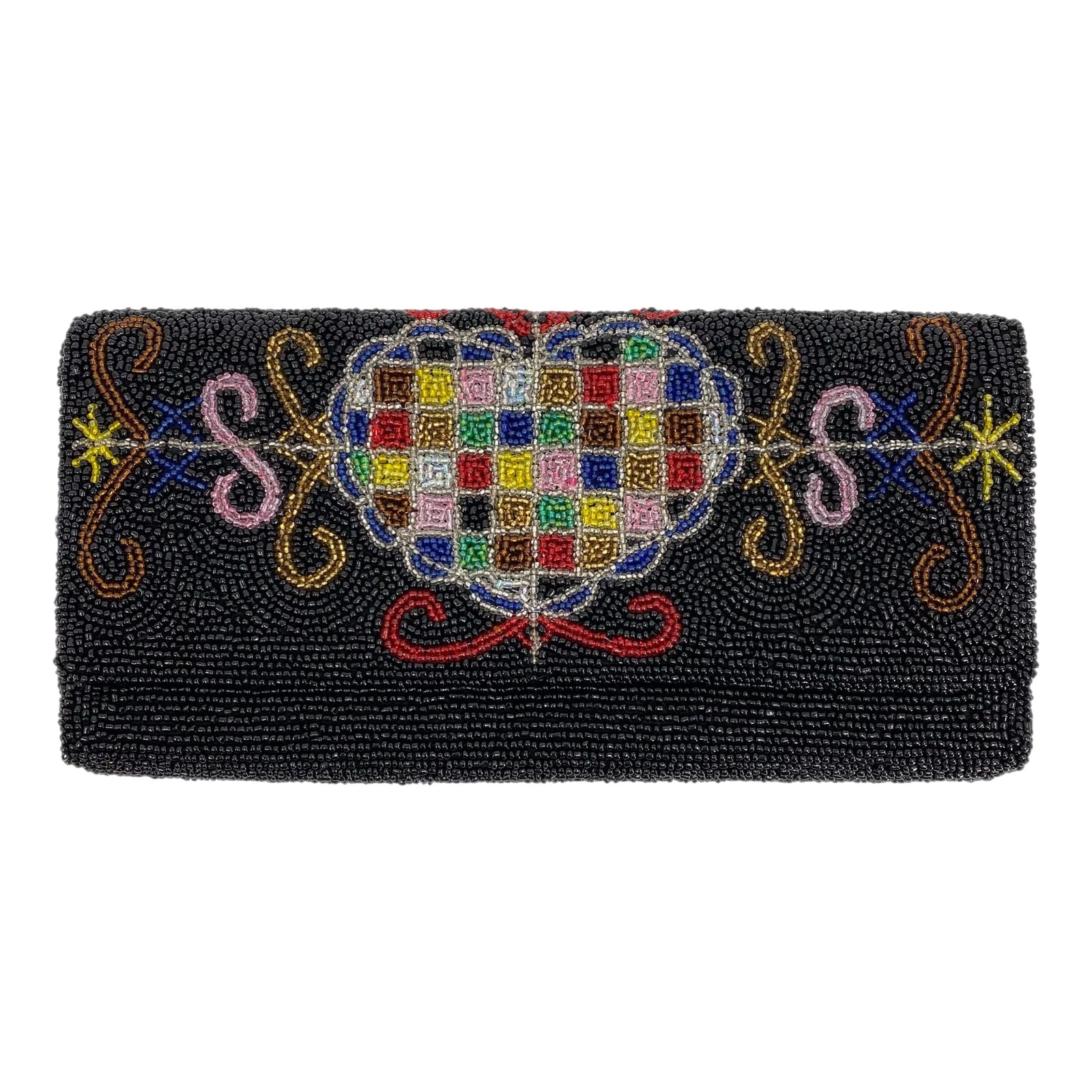 Black and Multicolor Beaded Heart Clutch