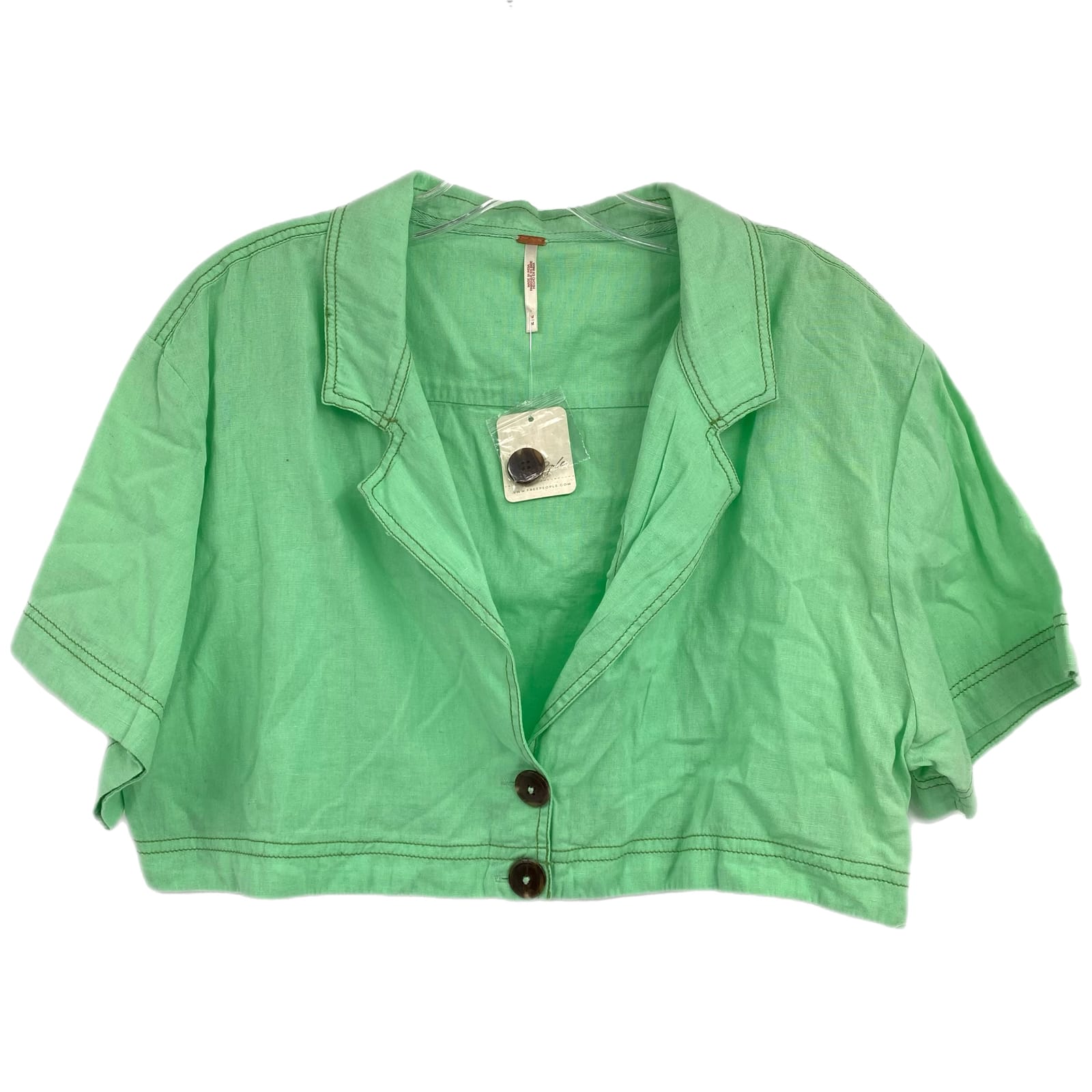 Free People Green Short Sleeve Cropped Button-Up Top
