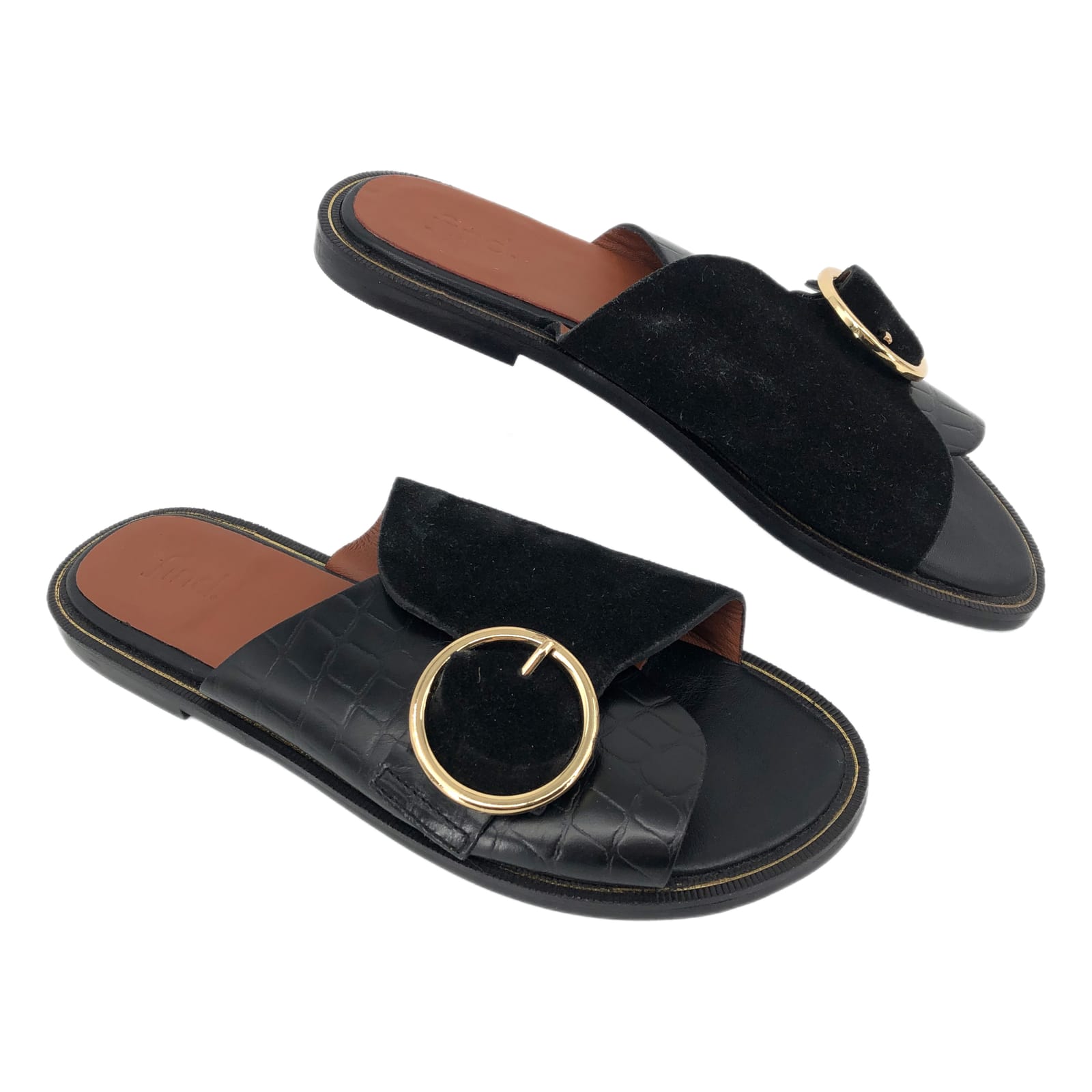 Find Black & Gold Leather Suede Croc Print Slide Sandals