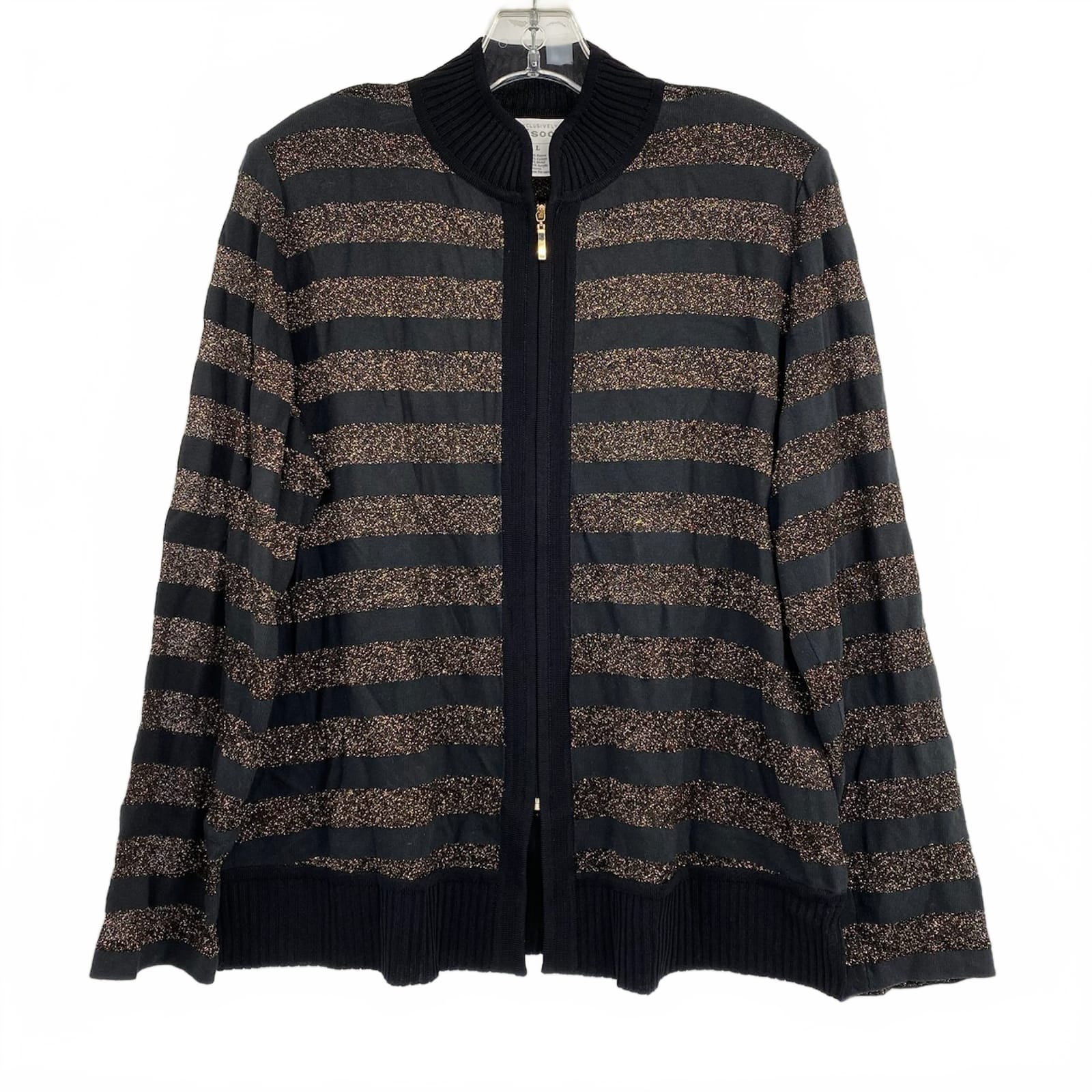 Misook Black Gold Striped Full Zip Sheer Cardigan