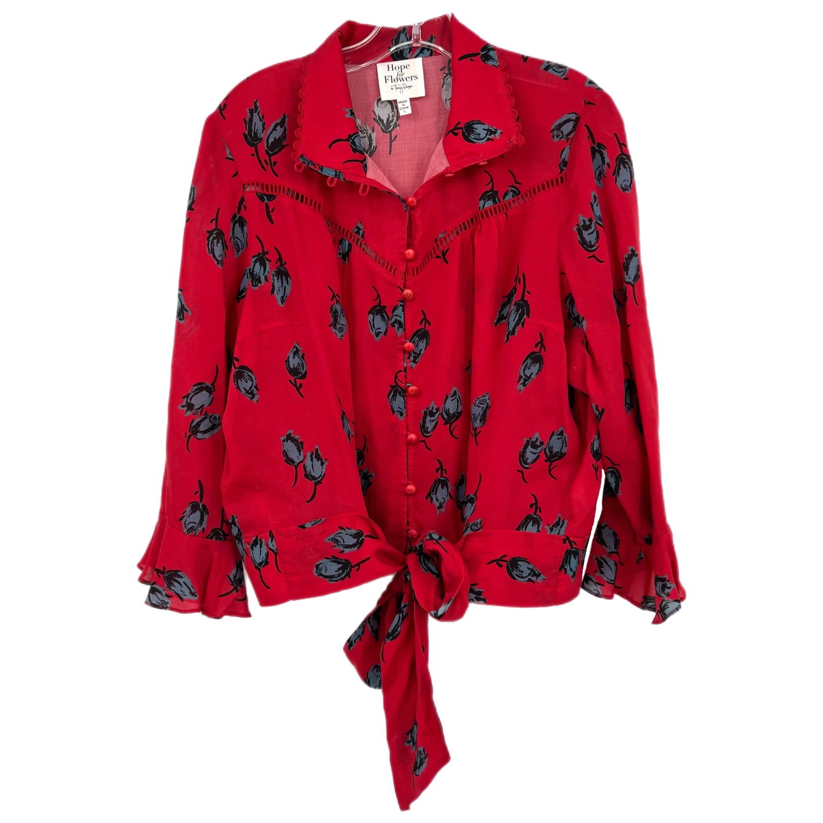Tracy Reese Red Blue Floral Ruffle Sleeve Button Up Blouse