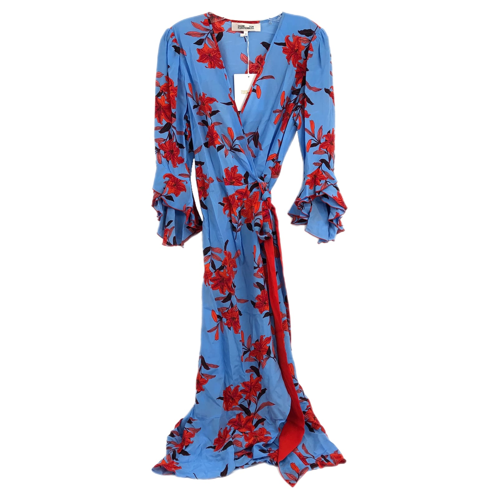 Diane Von Furstenberg Blue Orange Rollins Floral Midi Wrap Dress