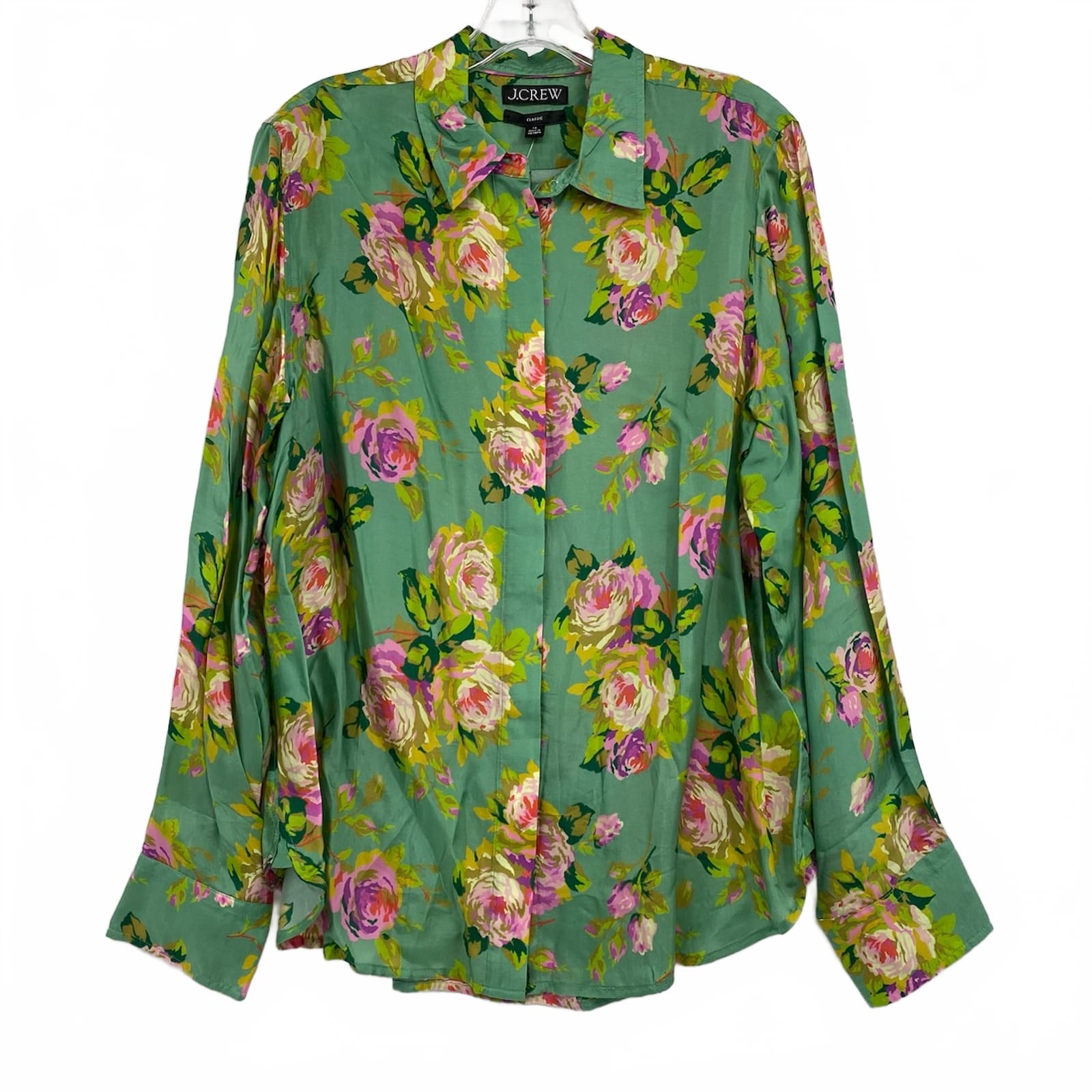 J. Crew Green Pink Floral Satin Button Down Shirt