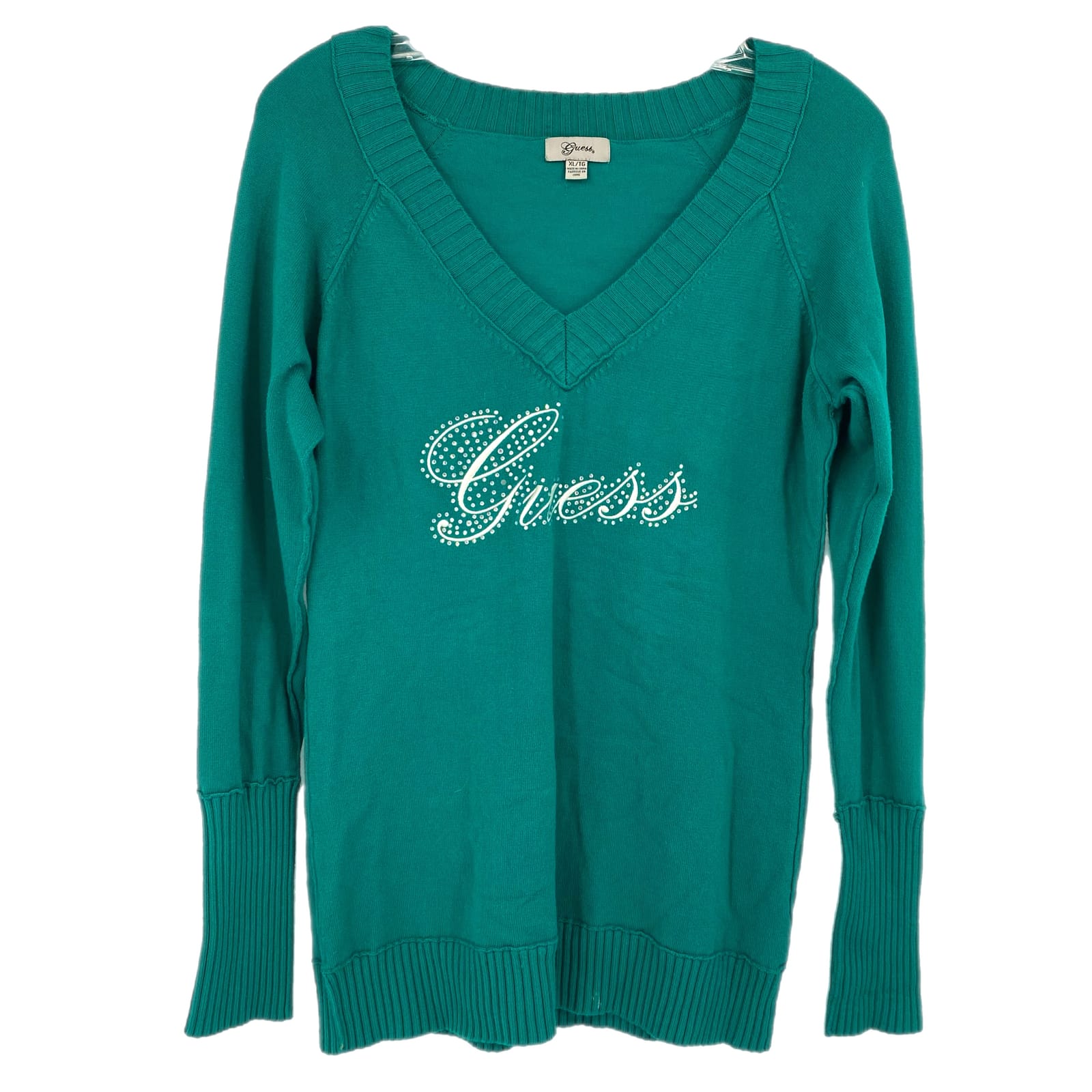 Guess Green V-Neck Long Sleeve Pullover Sweater