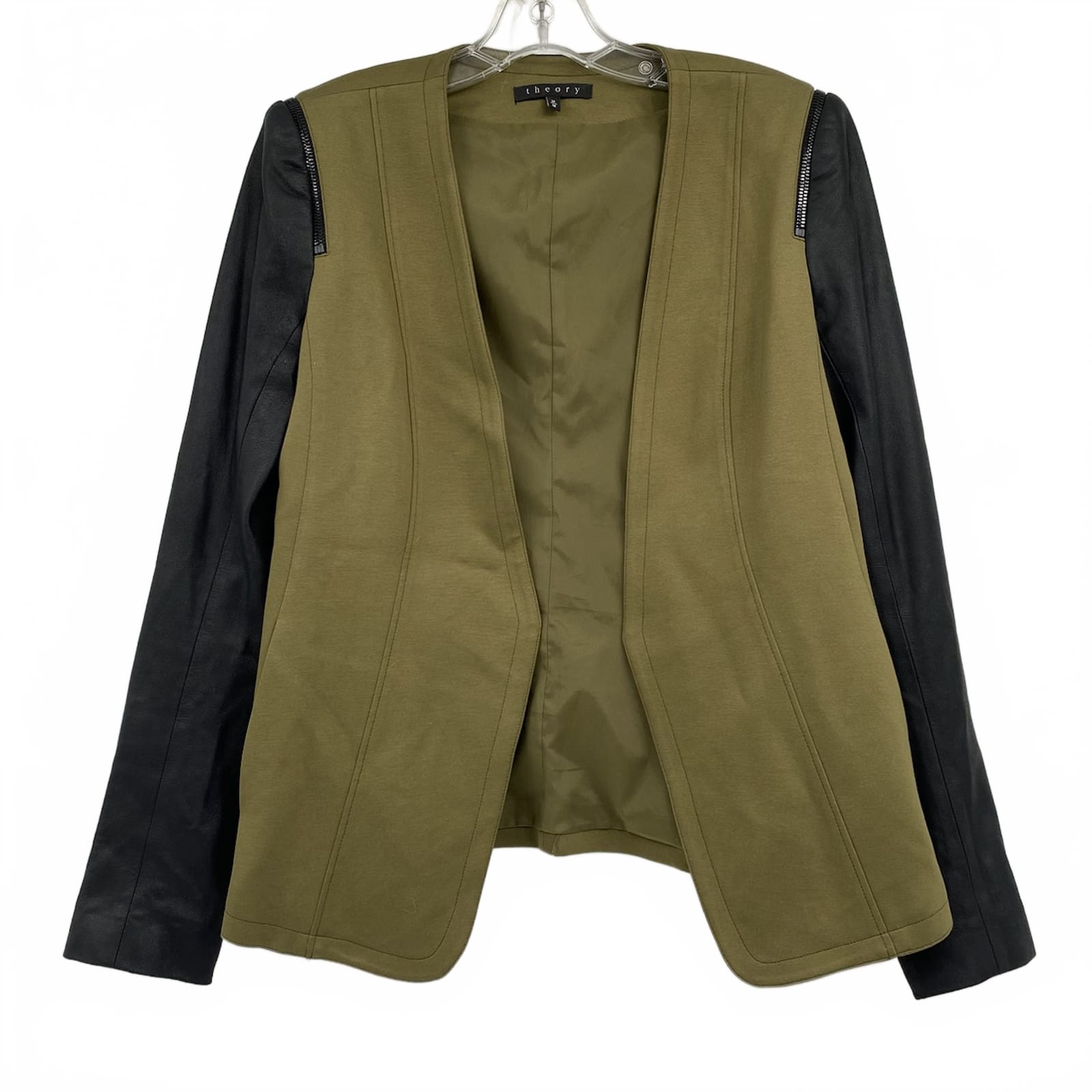 Theory Green Black Leather Sleeve Open Front Jacket