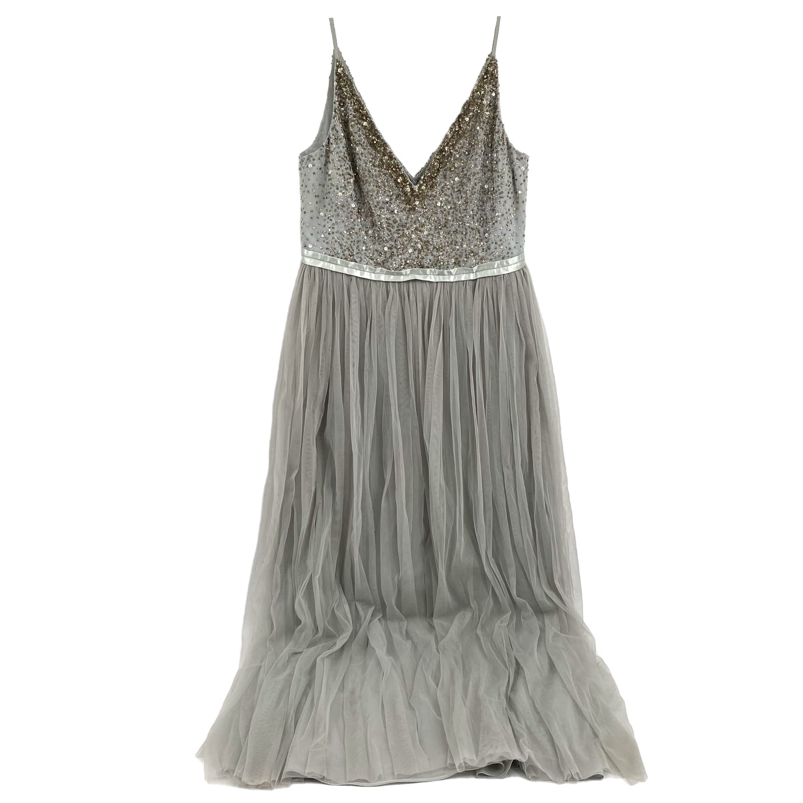 BHLDN Gray Gold Beaded Tulle Maxi Dress