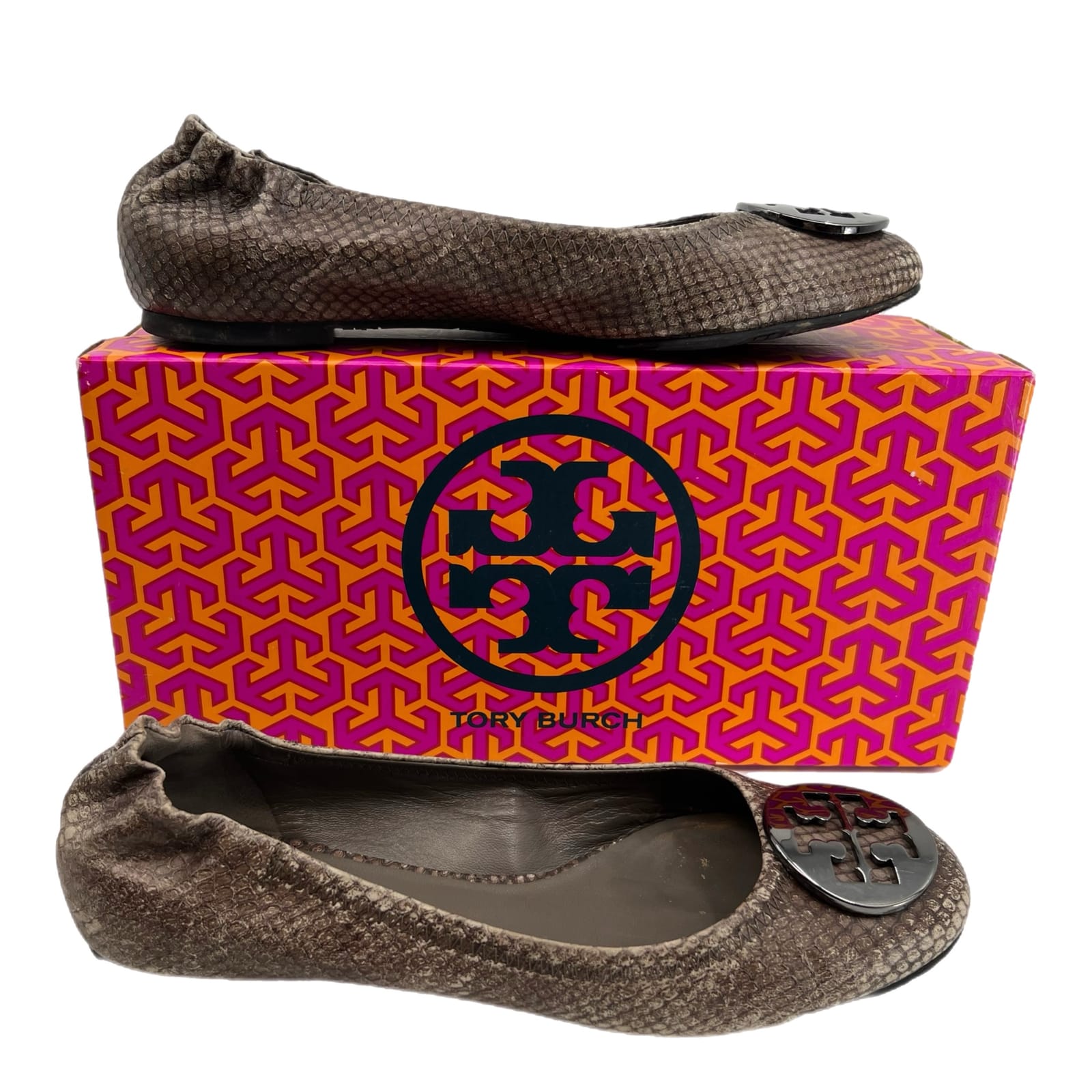Tory Burch Gray Leather Animal Print Flats