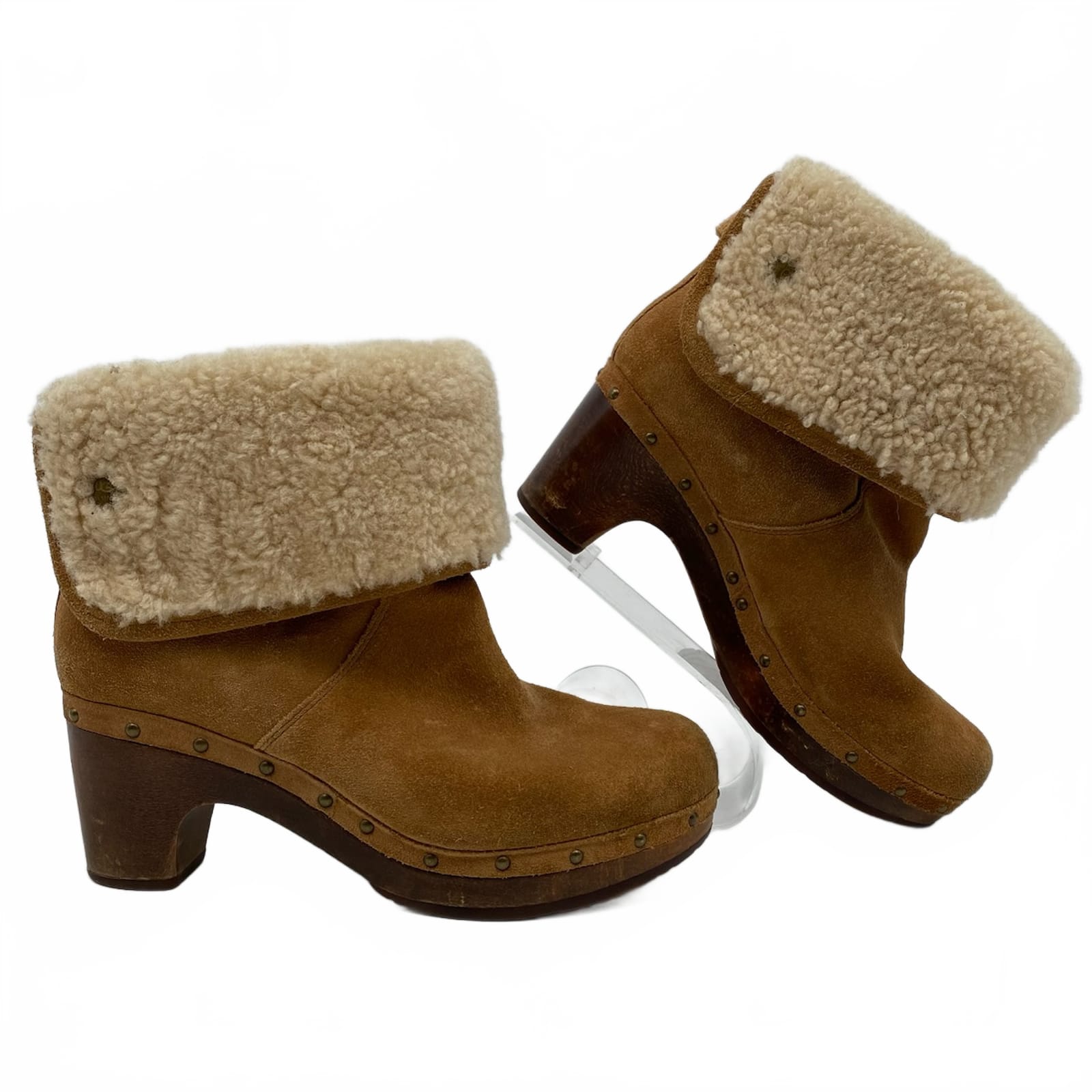 UGG Brown Leather Shearling Fold Over Heeled Ankle Booties