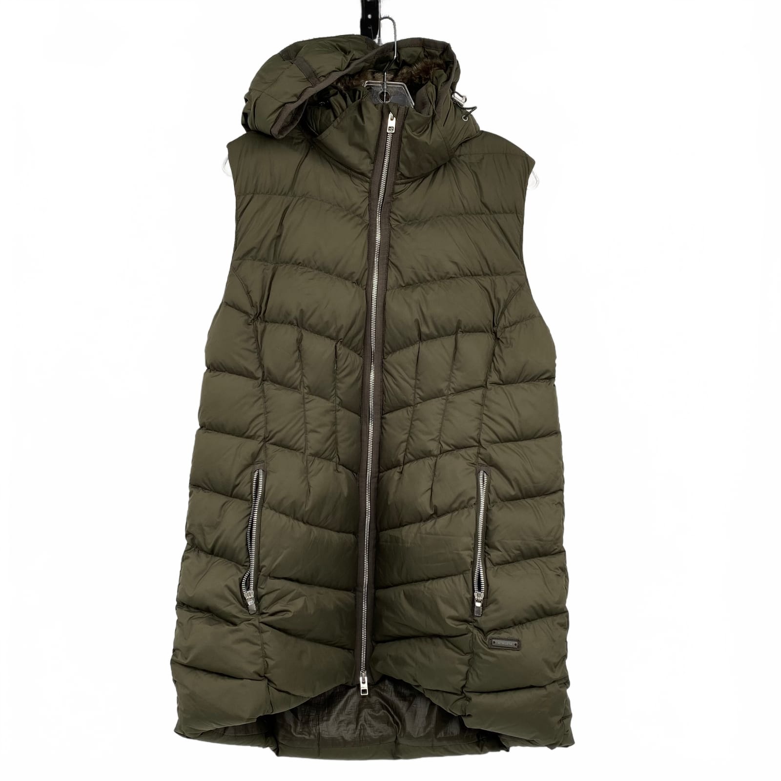 Athleta Green Puffer Vest with Faux Fur Lined Hood