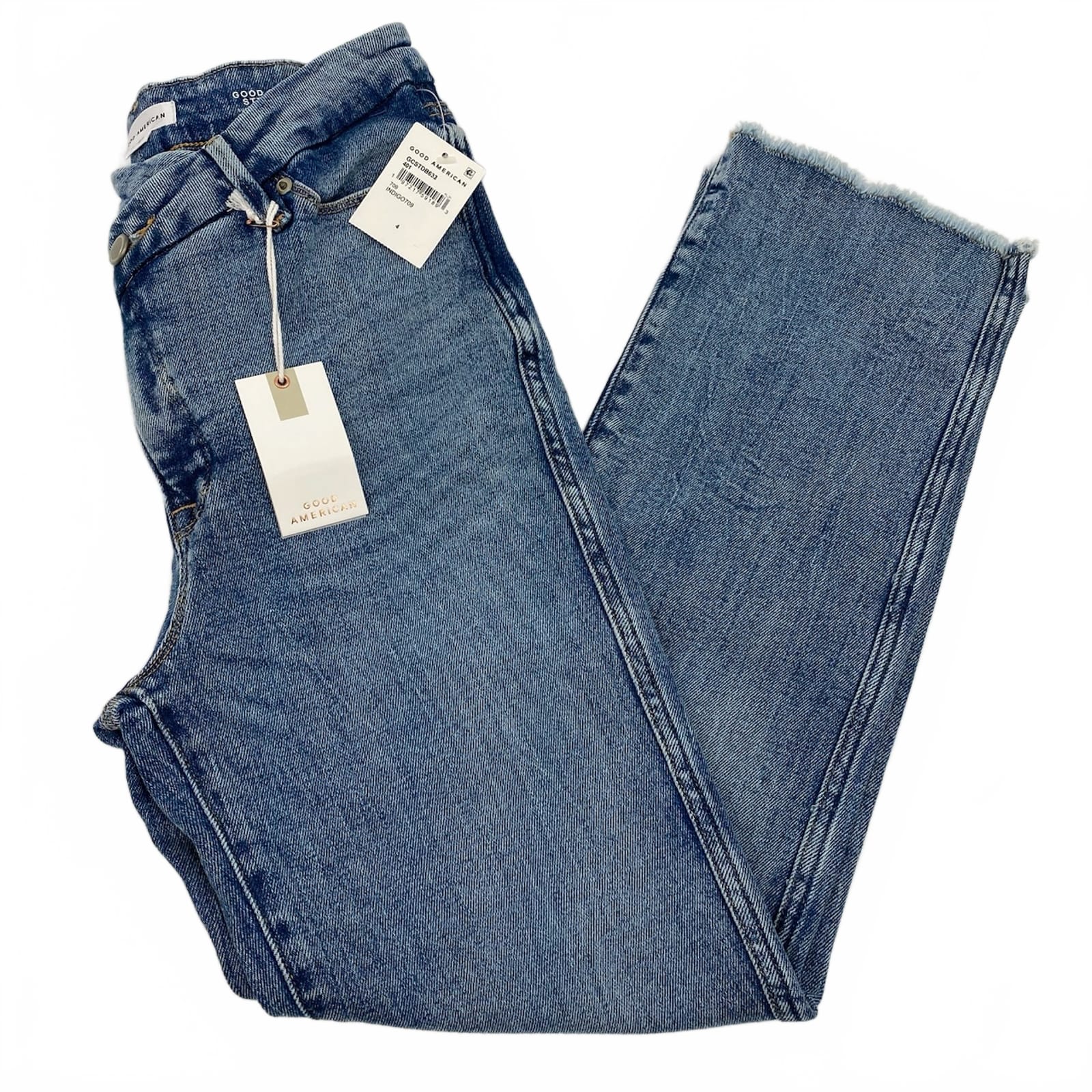 Good American Blue Straight Jeans Curve Crossover Button