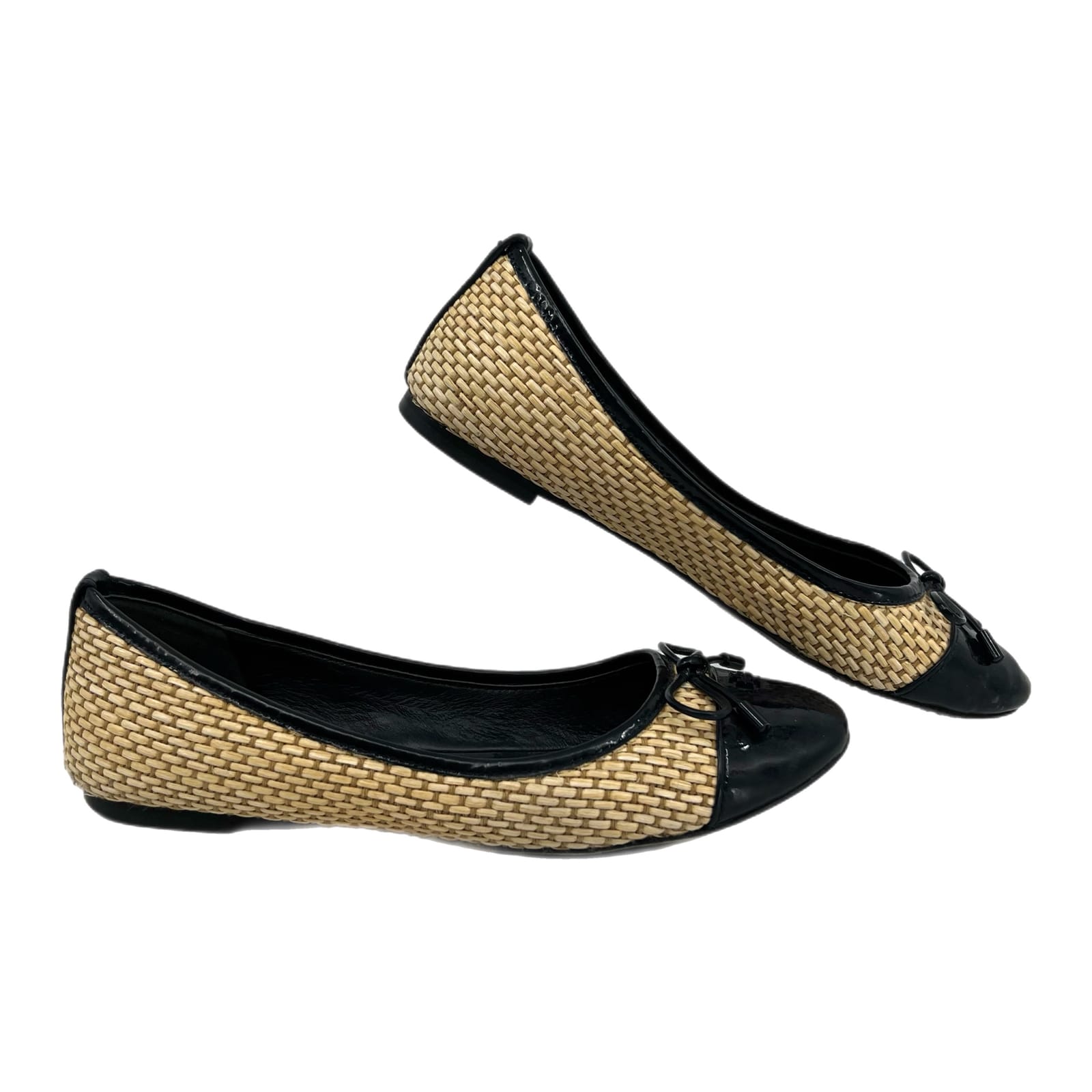 Tory Burch Tan Black Wicker Cap Toe Flats