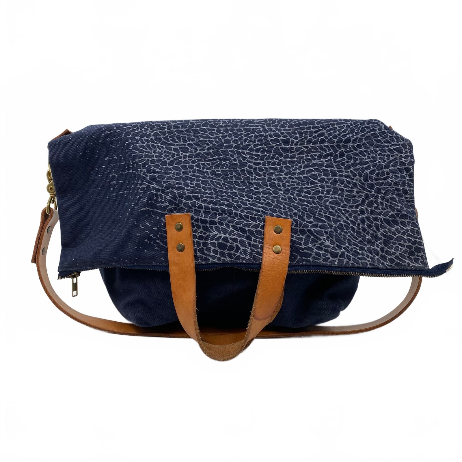 Navy Cotton Fold Over Leather Tote Bag