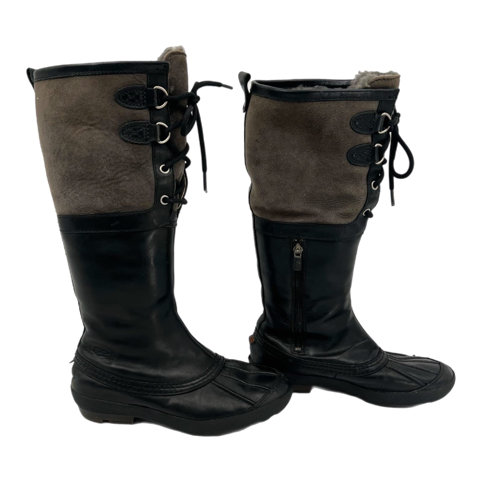 UGG Black/Gray Lace-Up Knee High Suede & Leather Boots