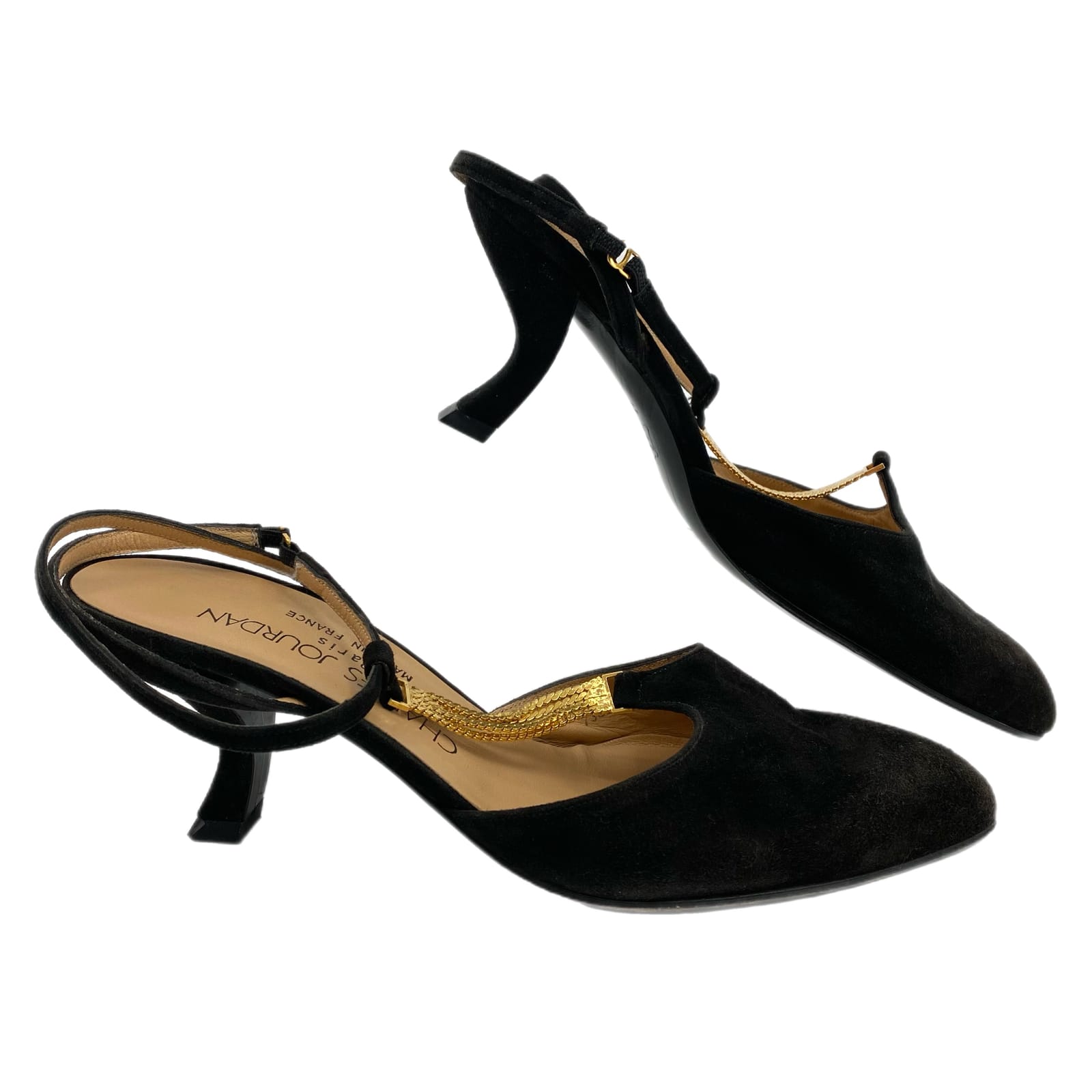 Charles Jourdan Black Gold Suede Pointed Toe Heels