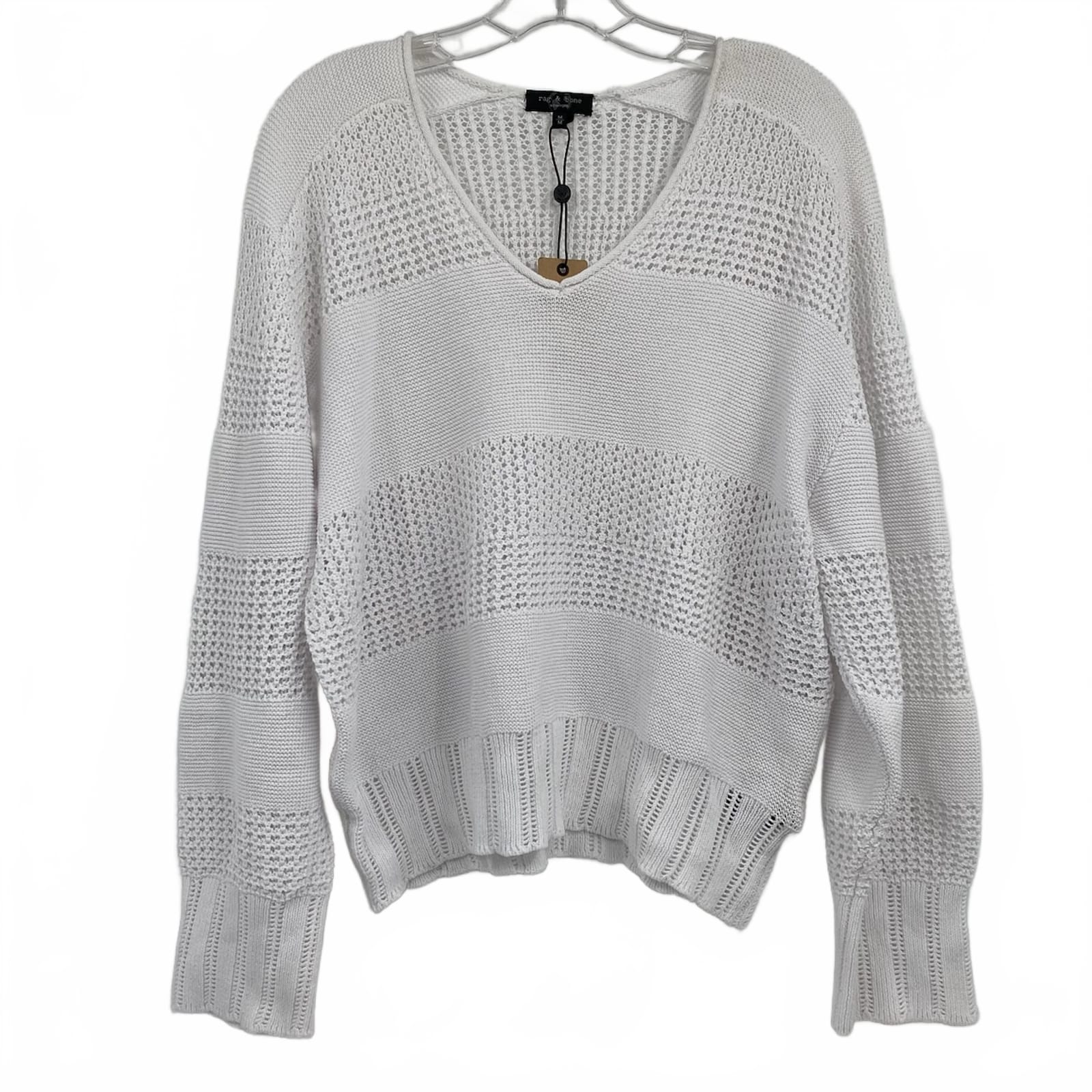 Rag & Bone White Open Knit V-Neck Pullover