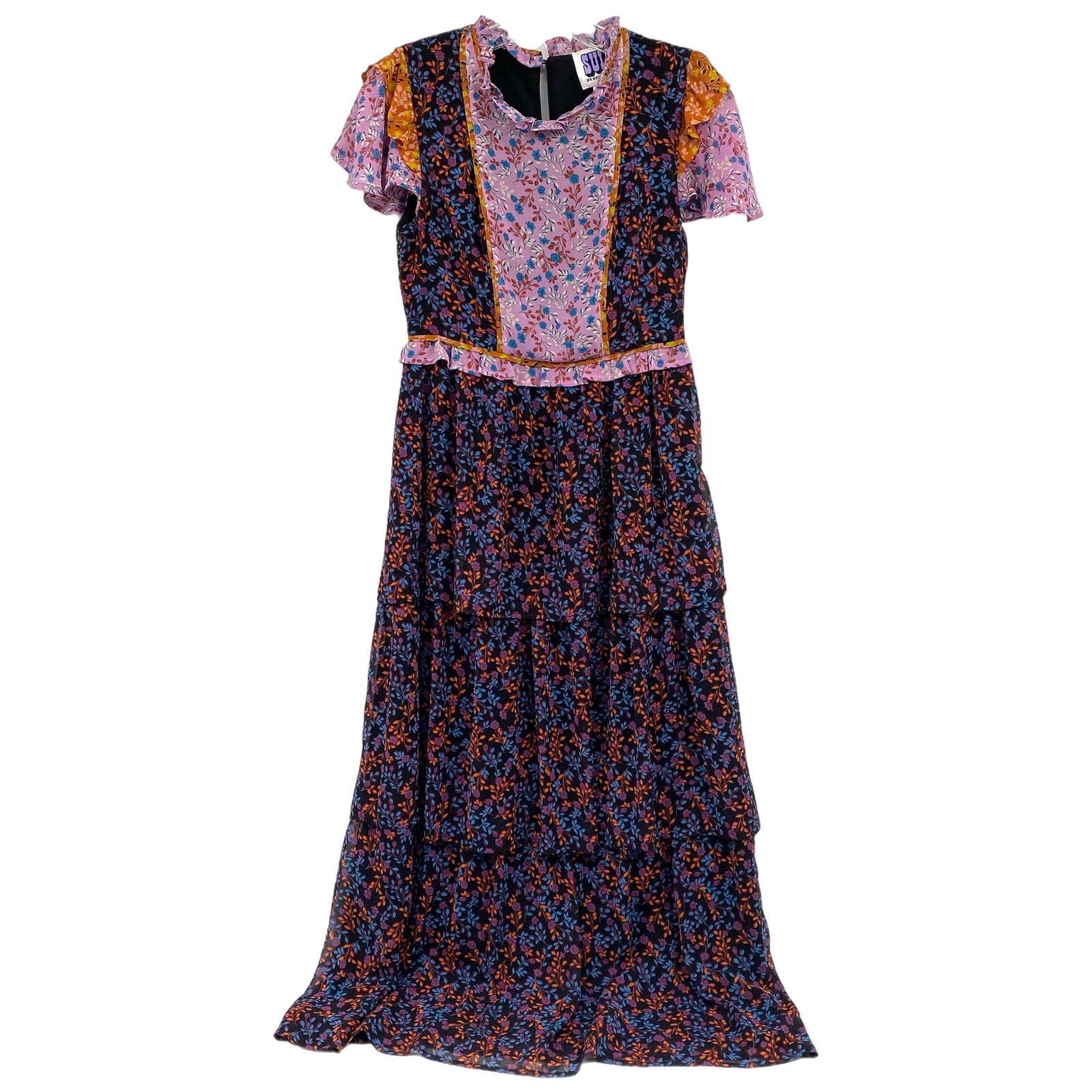 Anna Sui Black Purple Floral Ruffle Maxi Dress