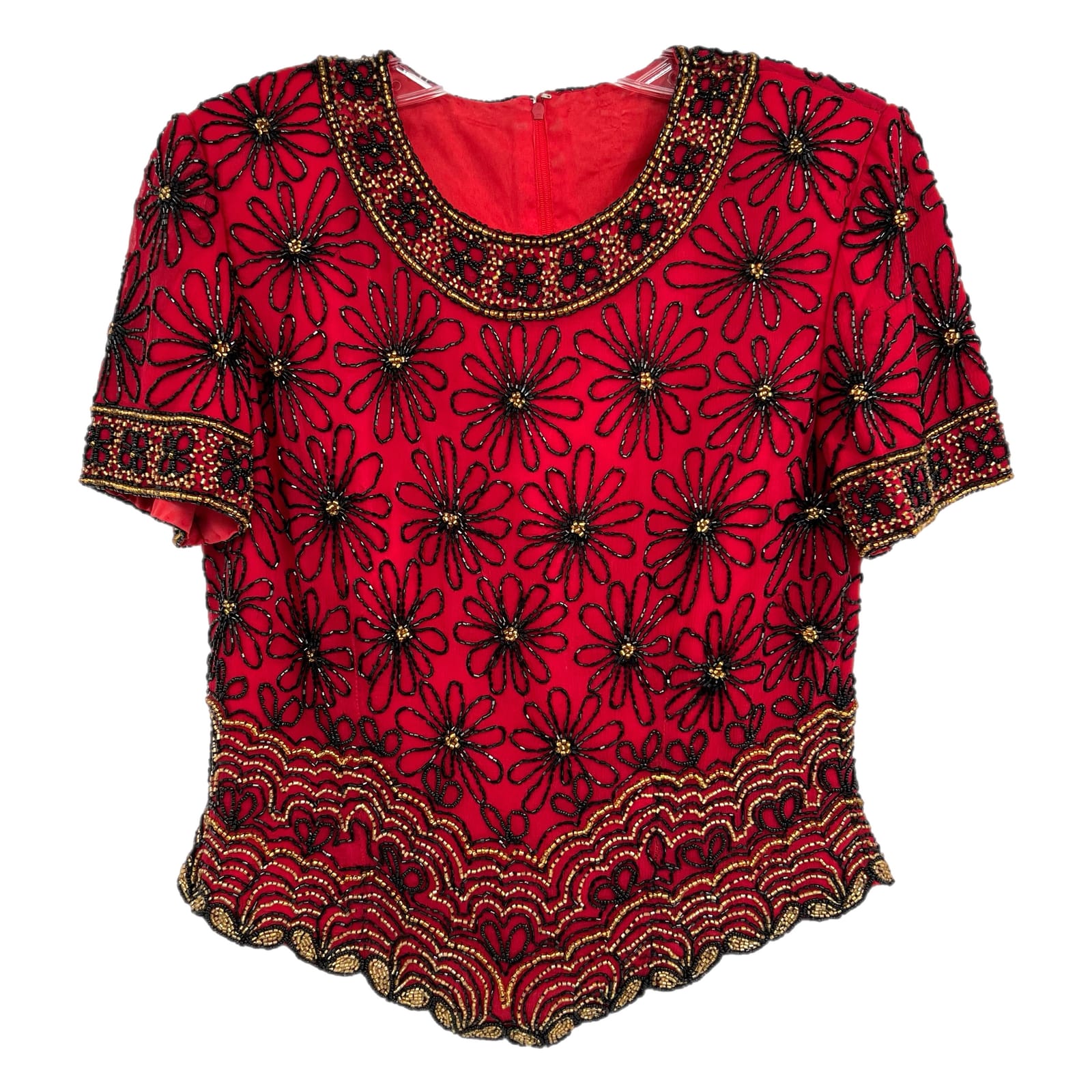 Red Black Beaded Shoulder Basque Waist Blouse