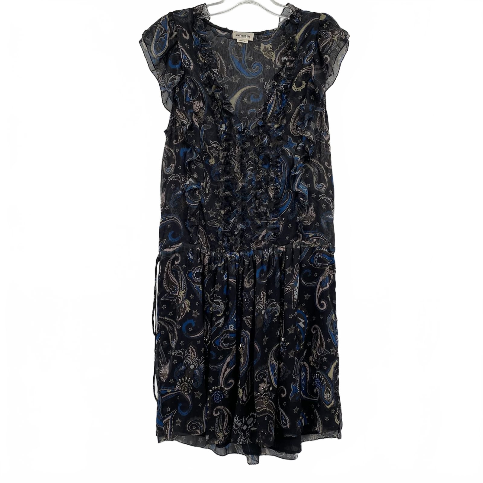 Zadig & Voltaire Black Blue Beaded Ruffle Mini Dress