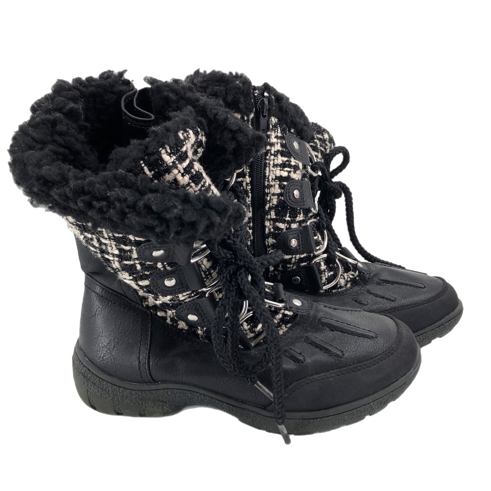 London Fog Black and White Lace-Up Snow Boot