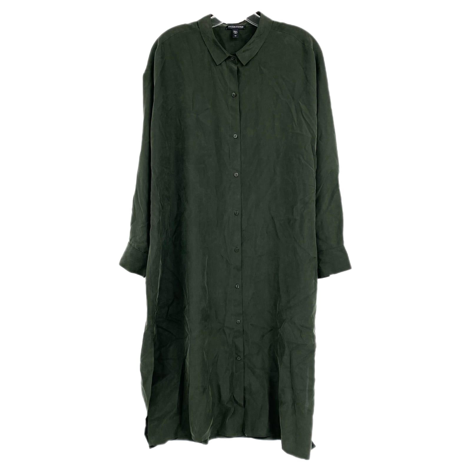 Eileen Fisher Green Silk Midi Button Up Shirt Dress