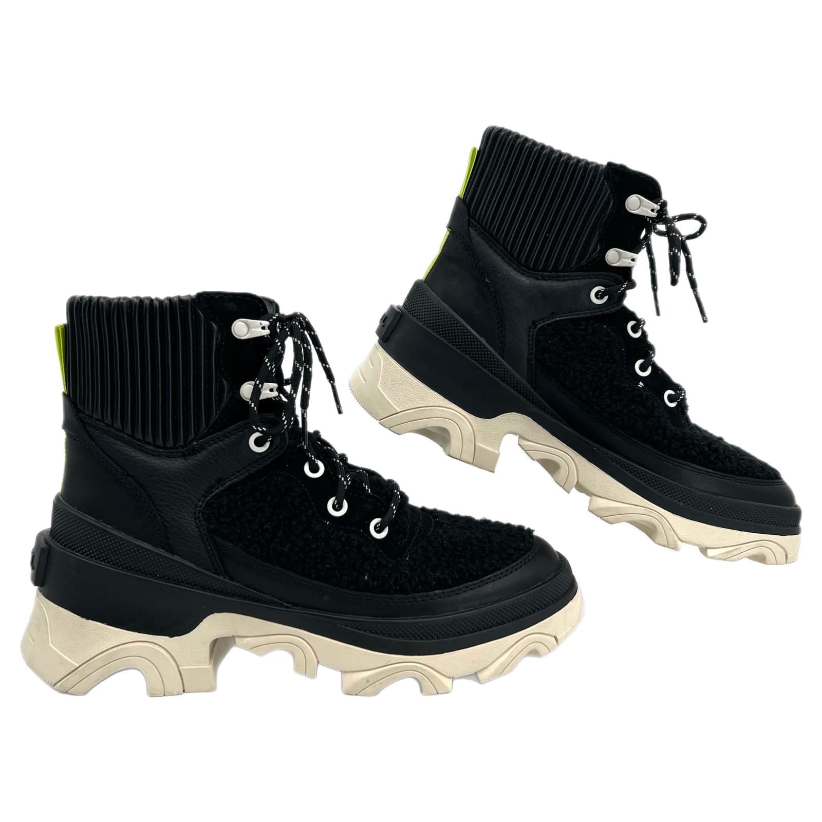 Sorel Black White Fuzzy Lace Up Boots
