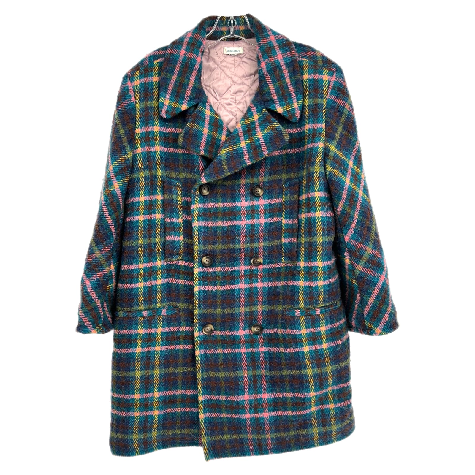 Sundance Blue & Pink Wool Blend Plaid Pea Coat