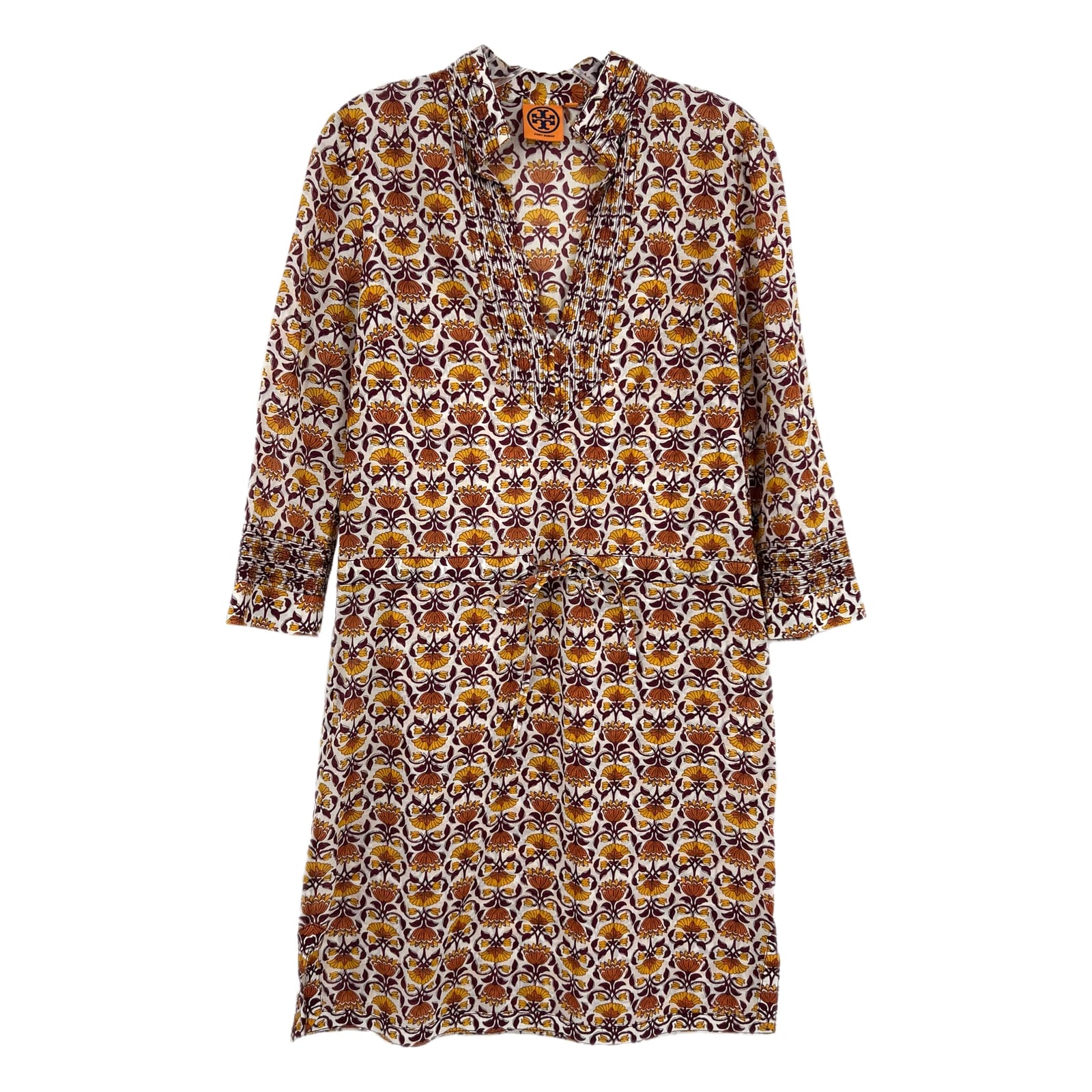 Tory Burch Orange Purple Floral Drawstring Mini Dress