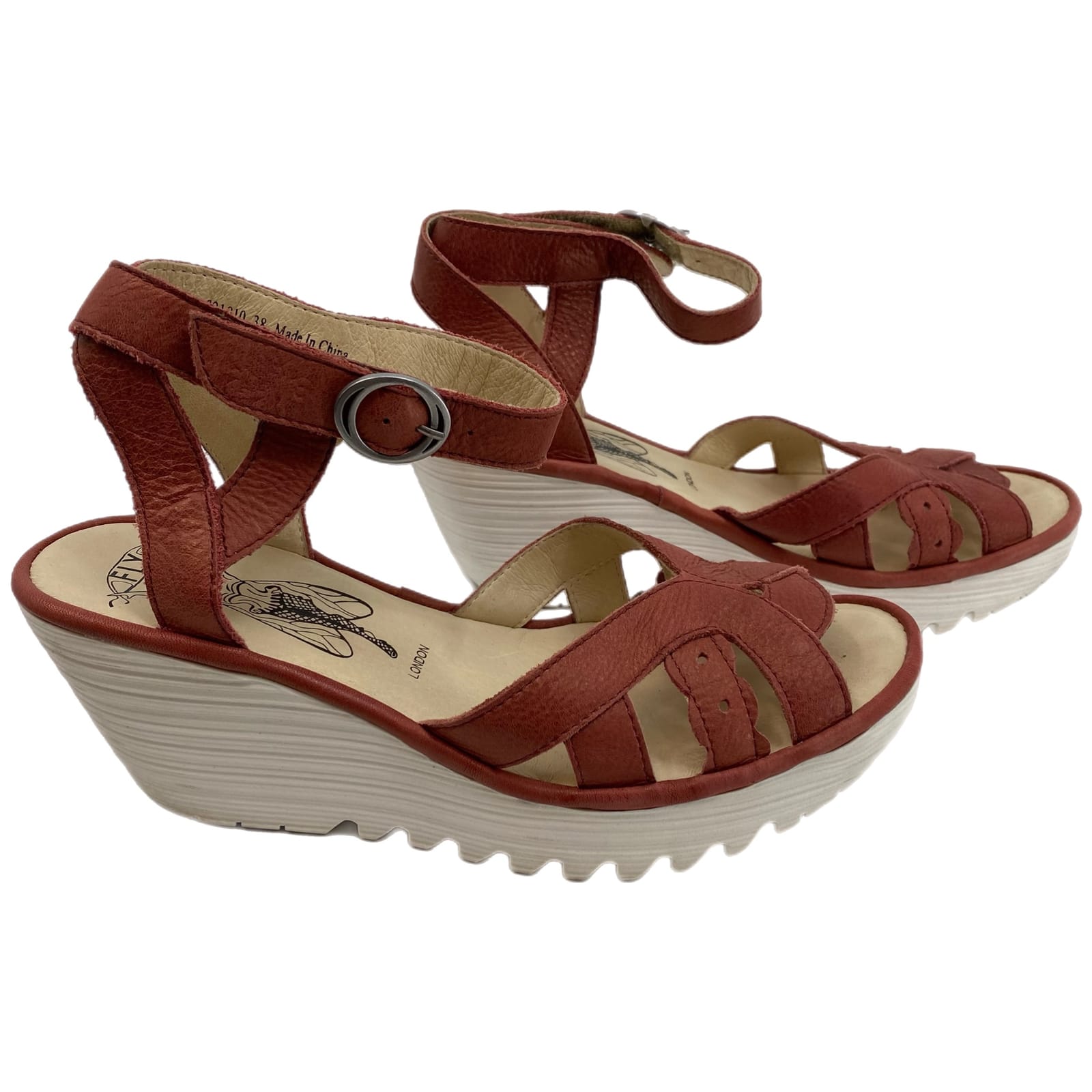 Fly London Red Leather Wedge Sandals