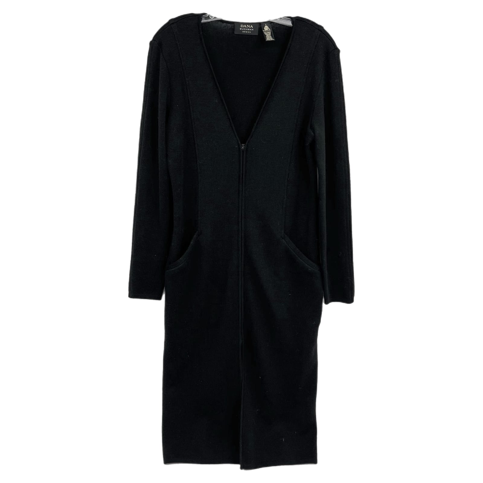 Dana Buchman Black Zip-Up V-Neck Knit Midi Sweater Dress