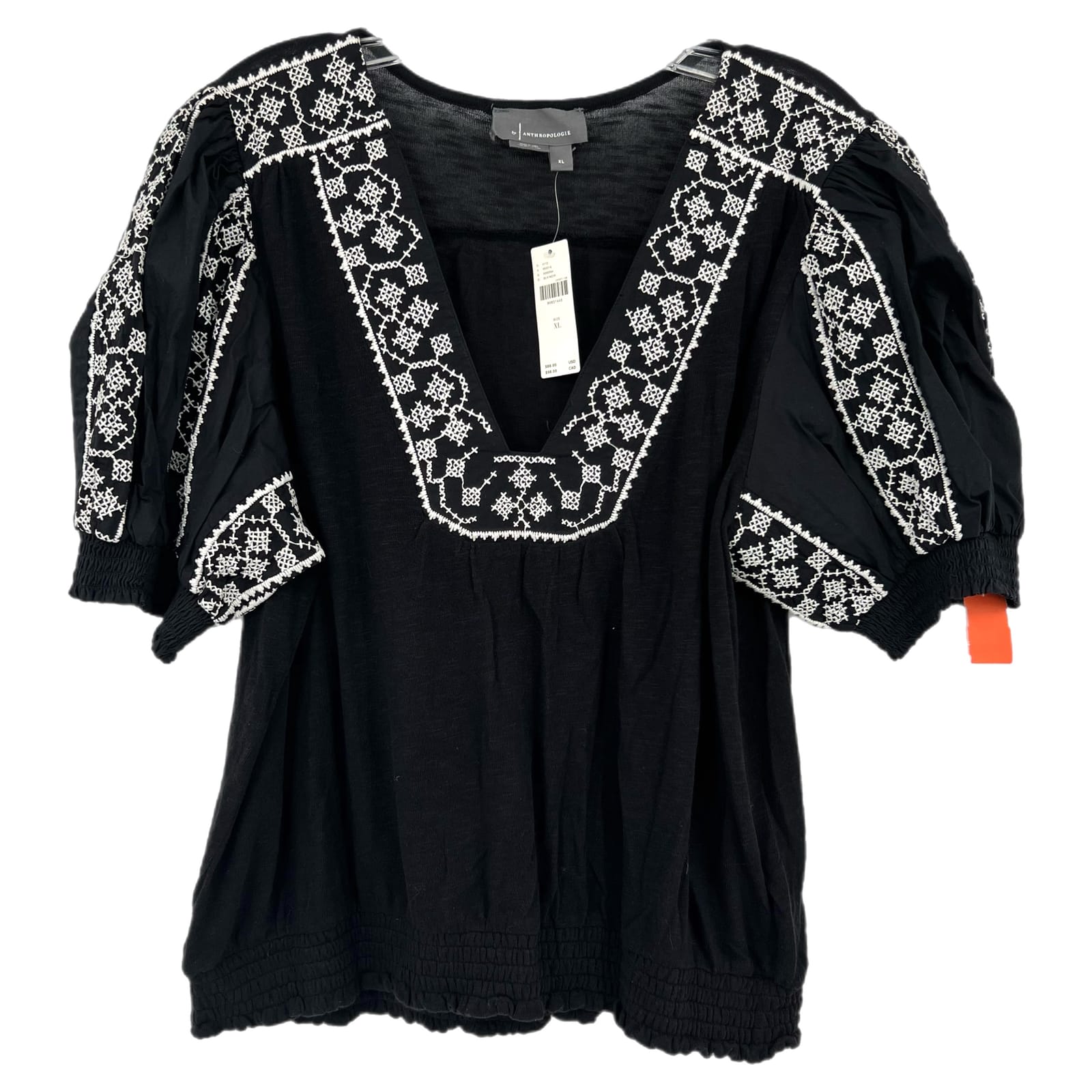 Anthropologie Black  V-Neck Blouse With White Print