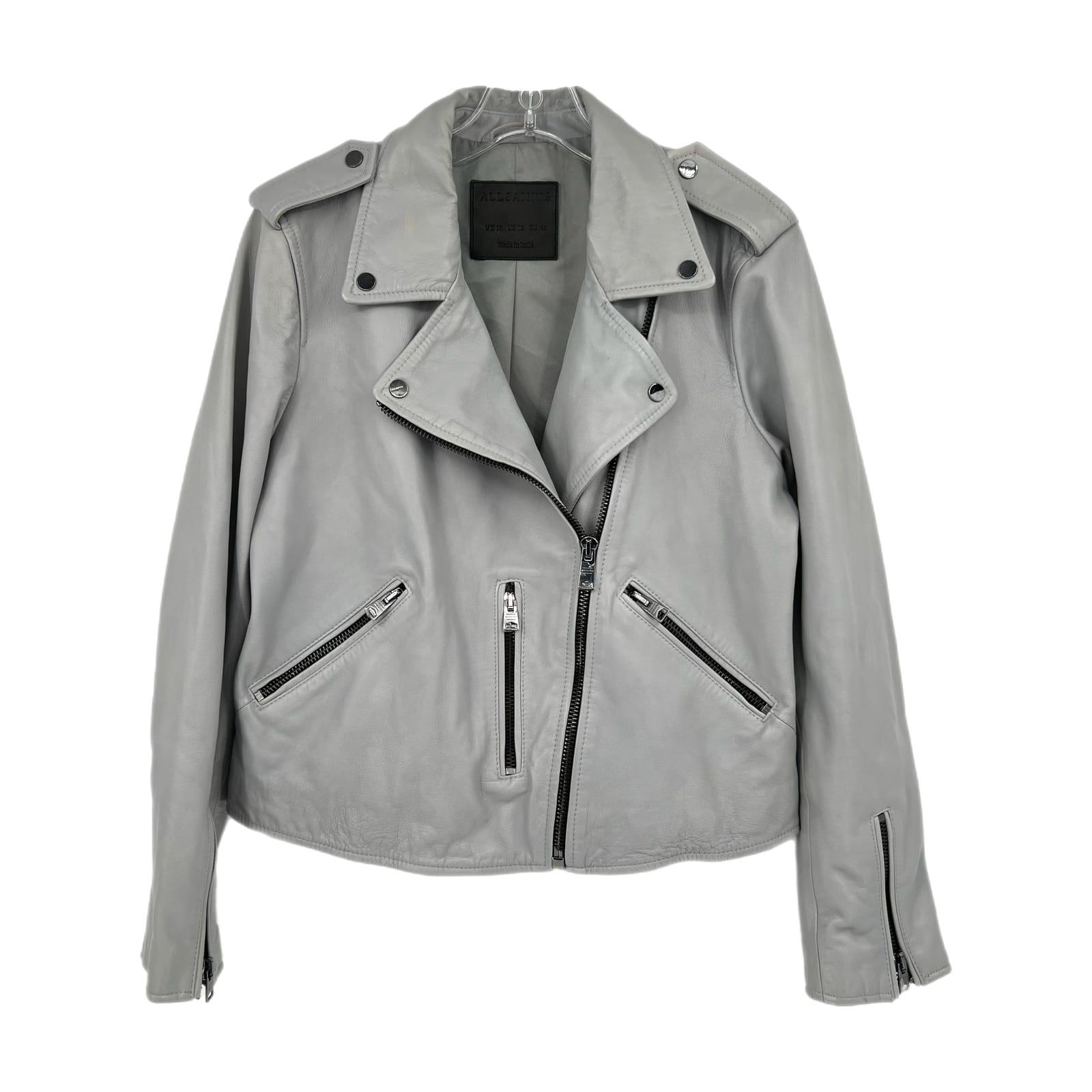 All Saints Gray Leather Fern Biker Jacket