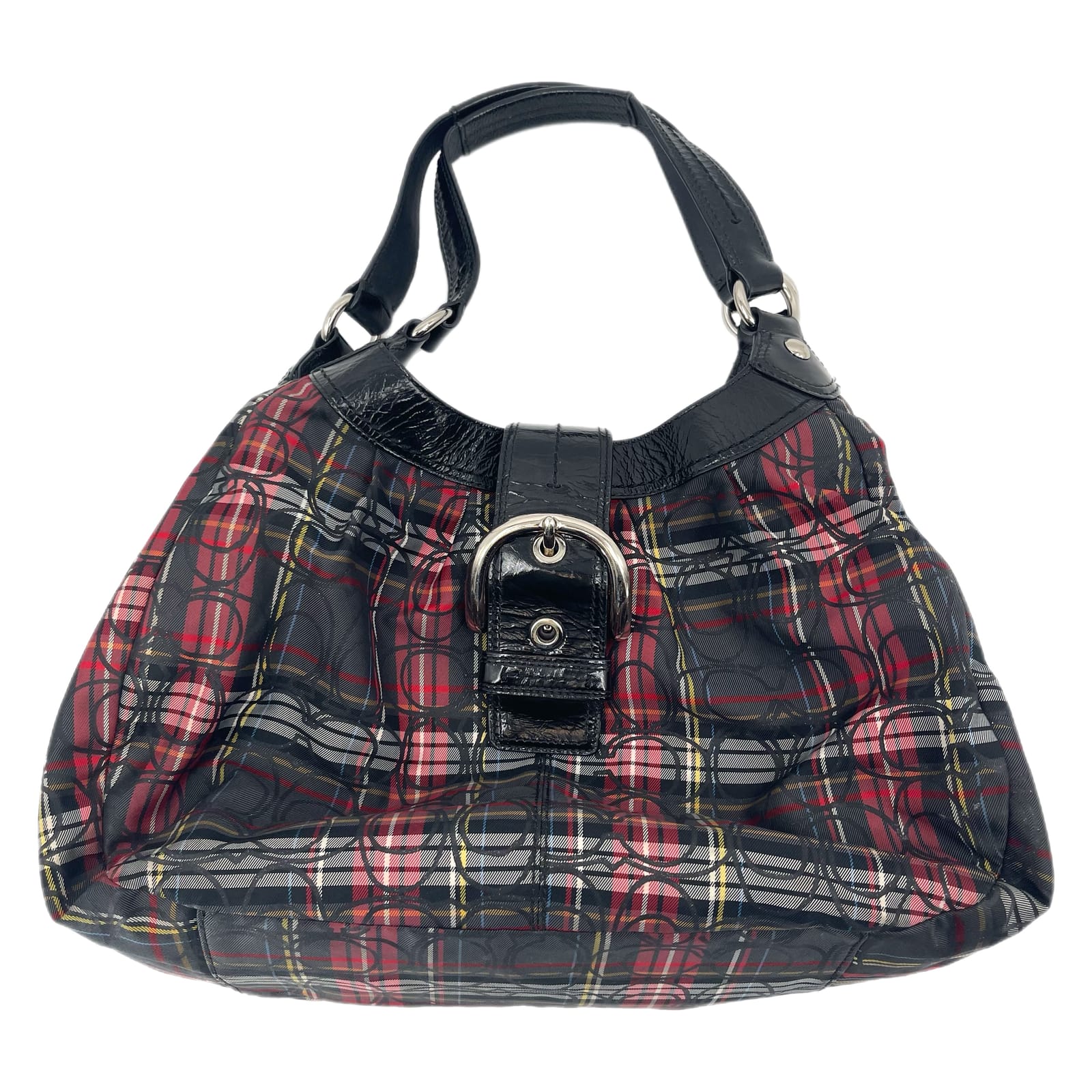 Coach Black and Red Plaid Leather Hobo Bag