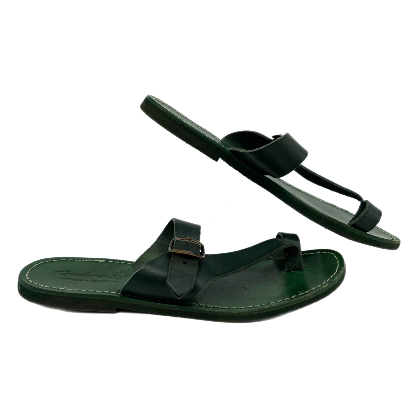 Gian Luca Green Buckle Accent Leather Sandals