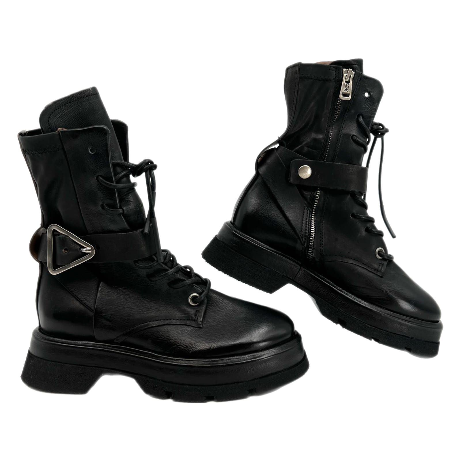 A.S. 98 Black Vero Leather Buckle Combat Boots