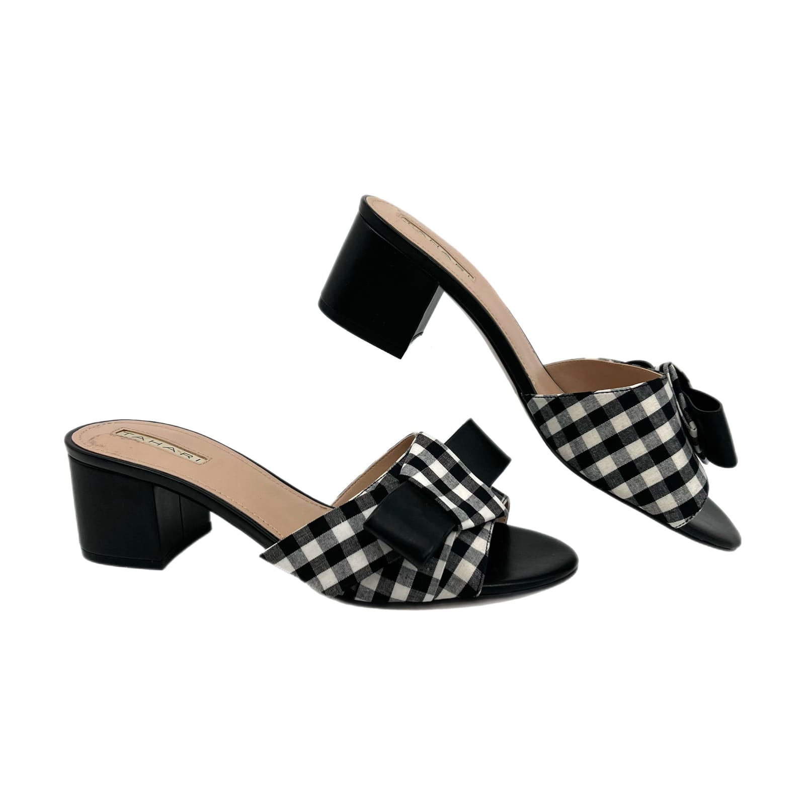 Tahari Black and White Gingham Bow Slip-On Sandals